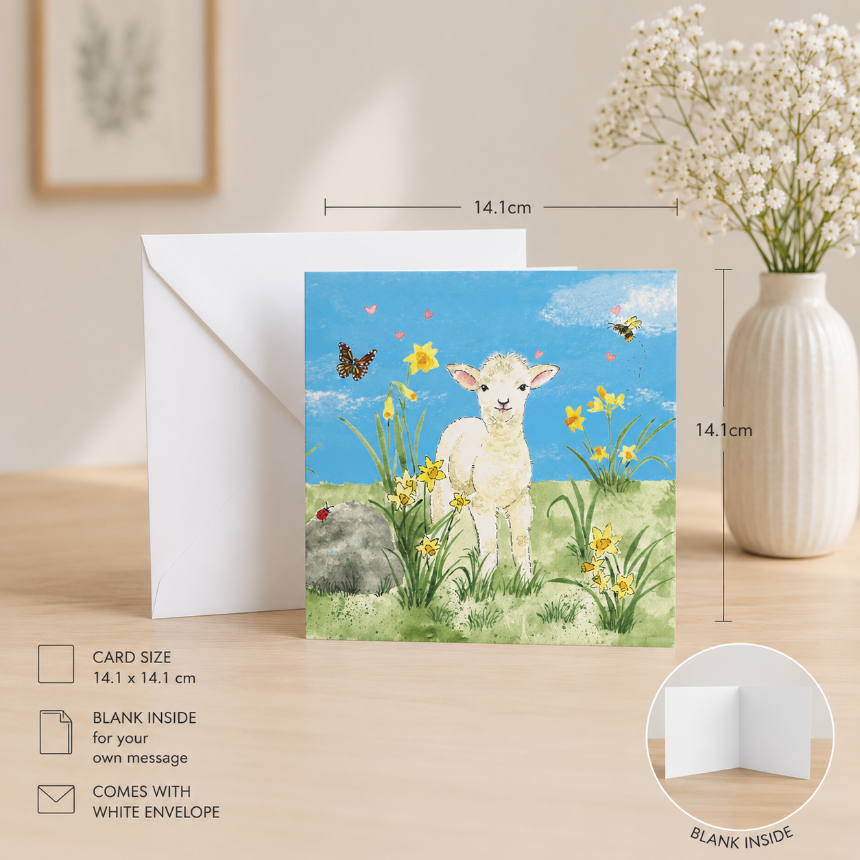 Spring Lamb and Daffodils Greeting Card, Blank Inside, All Occassion, with White Envelope