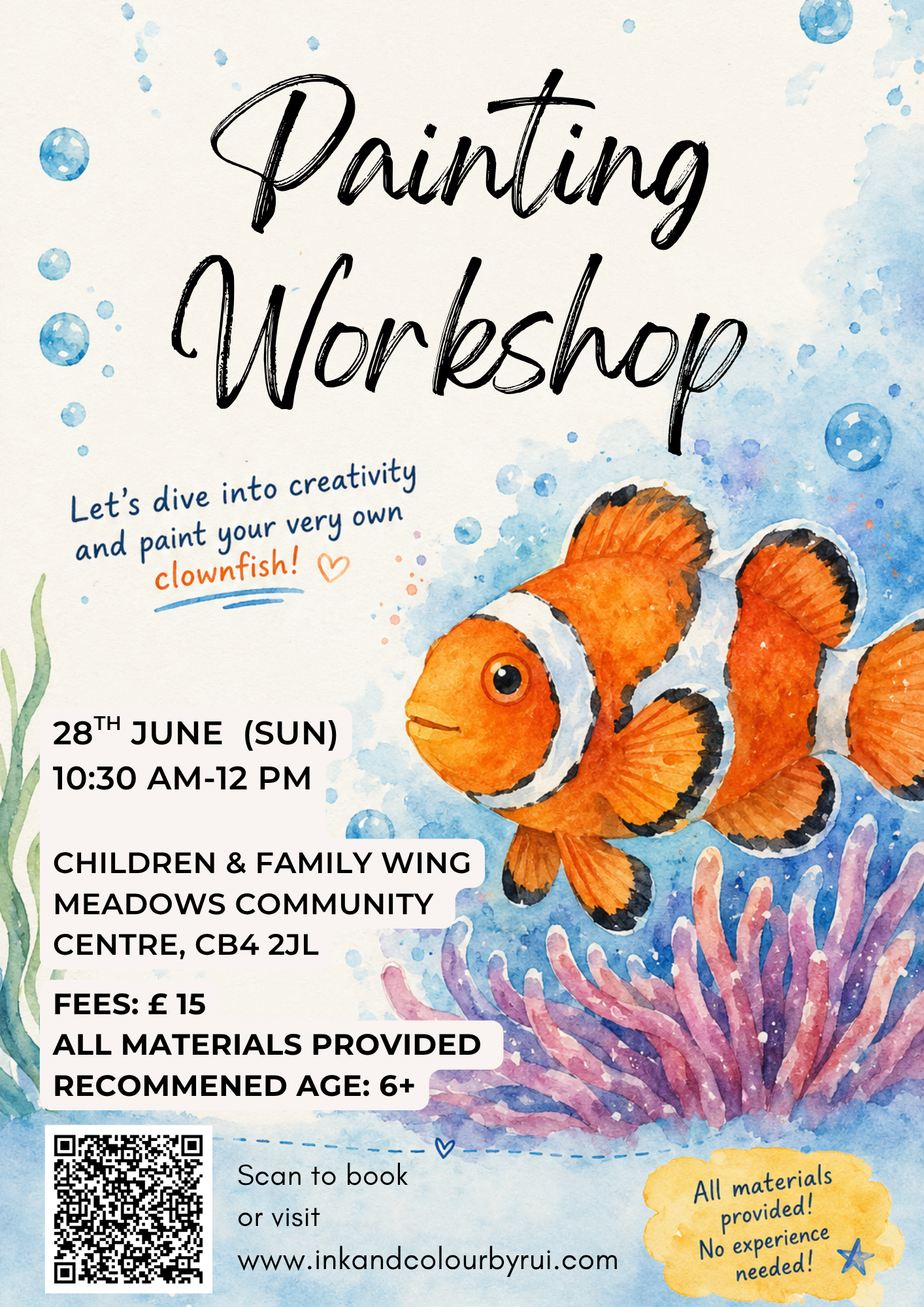 Watercolour Clownfish Painting Workshop for Children (Ages 6+)