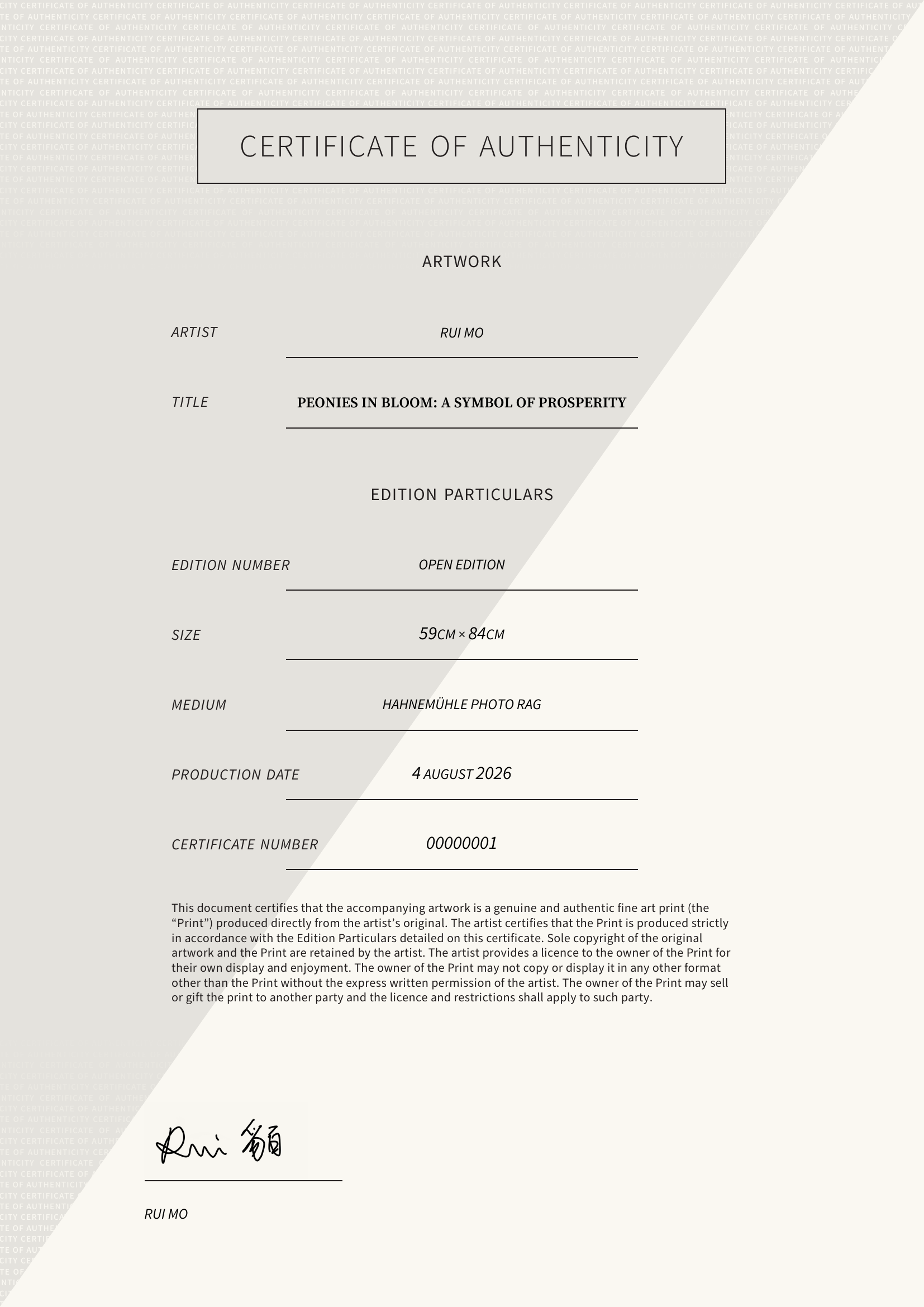 Peonies in Bloom: A Symbol of Prosperity — Certificate of Authenticity