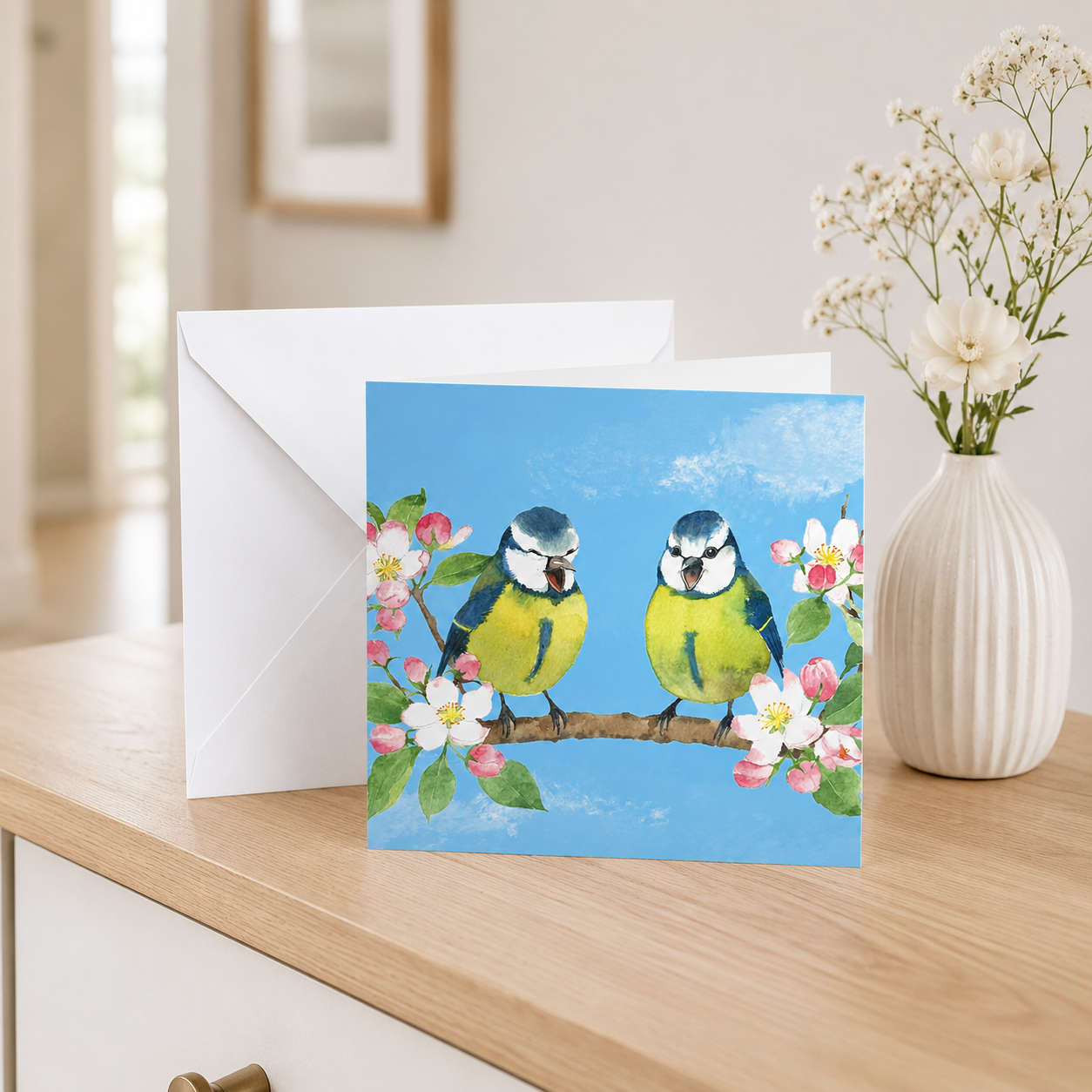 Blue Tit Birds and Apple Blossom Greeting Card, Blank Inside, All Occassion, with White Envelope