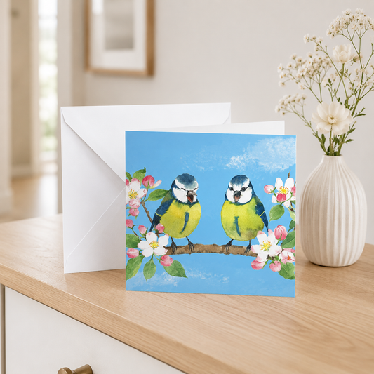 Blue Tit Birds and Apple Blossom Greeting Card, Blank Inside, All Occassion, with White Envelope