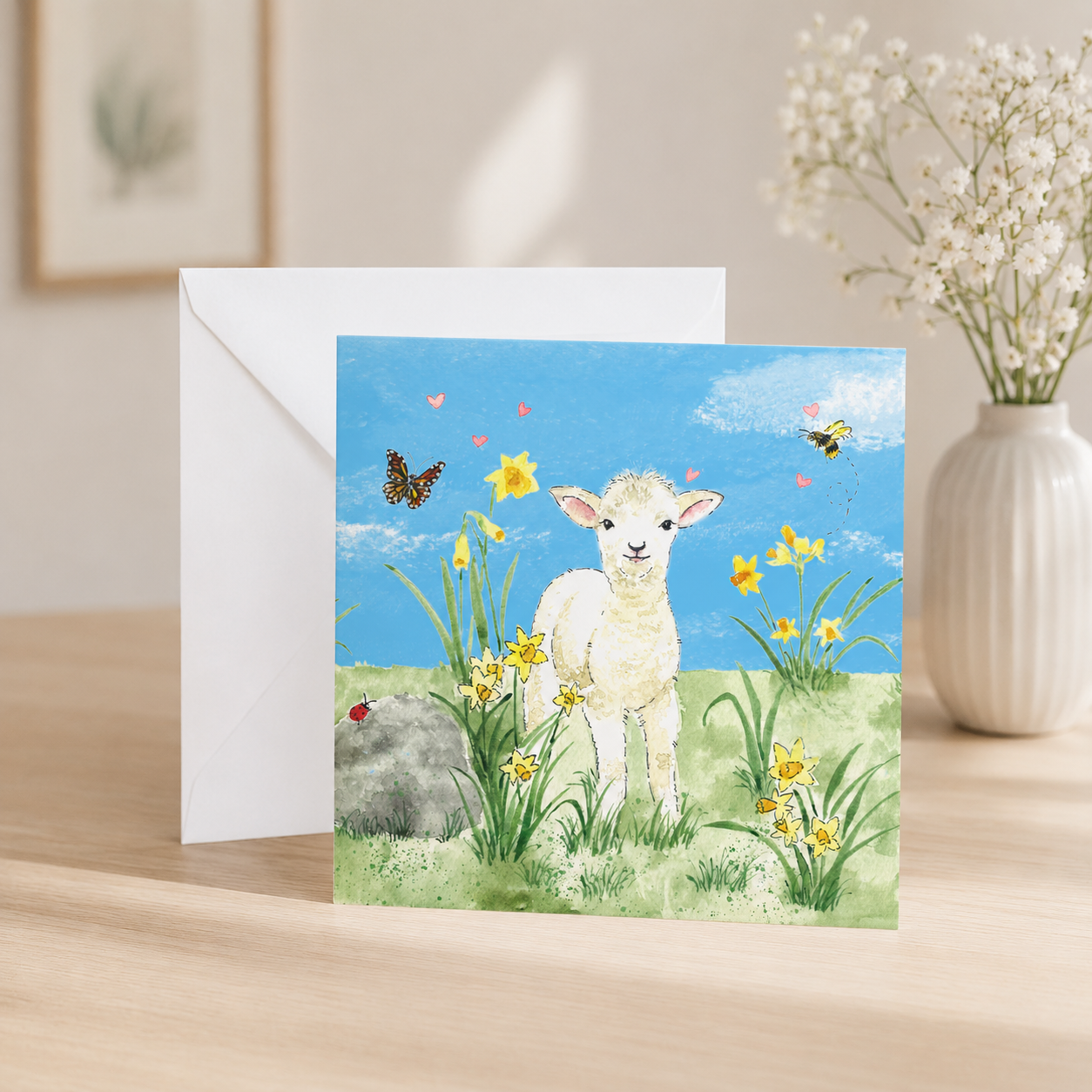 Spring Lamb and Daffodils Greeting Card, Blank Inside, All Occassion, with White Envelope