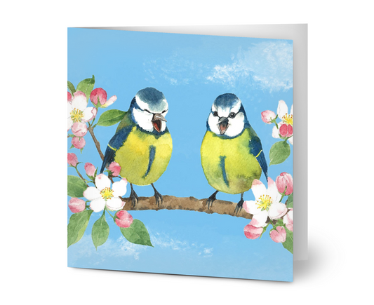 Blue Tit Birds and Apple Blossom Greeting Card, Blank Inside, All Occassion, with White Envelope