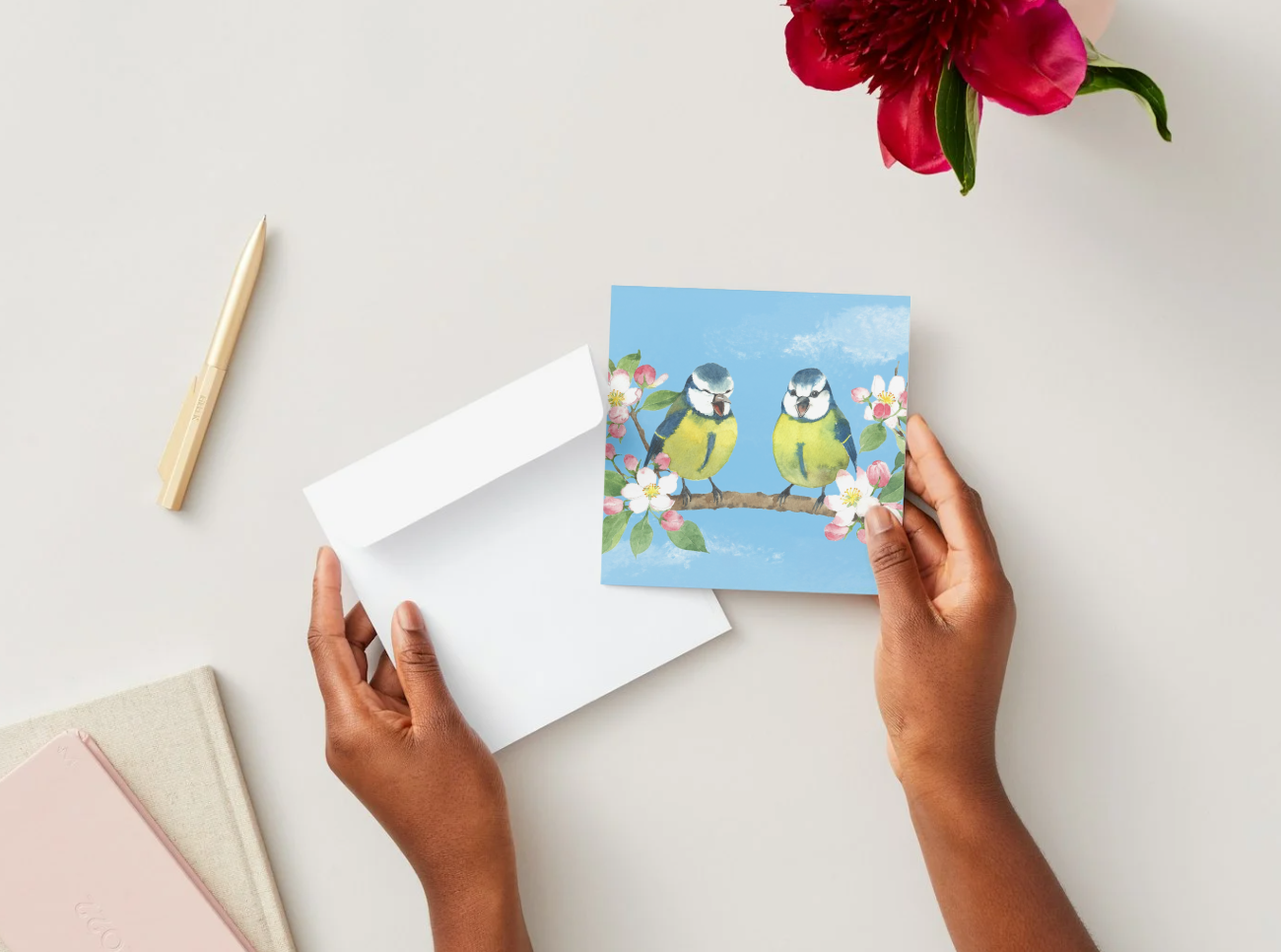 Blue Tit Birds and Apple Blossom Greeting Card, Blank Inside, All Occassion, with White Envelope