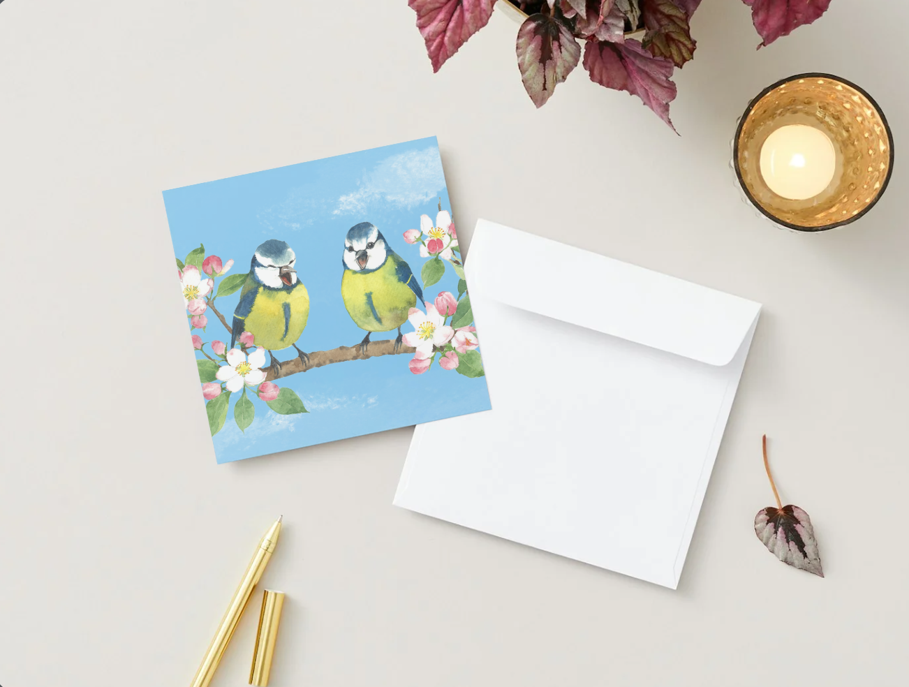 Blue Tit Birds and Apple Blossom Greeting Card, Blank Inside, All Occassion, with White Envelope