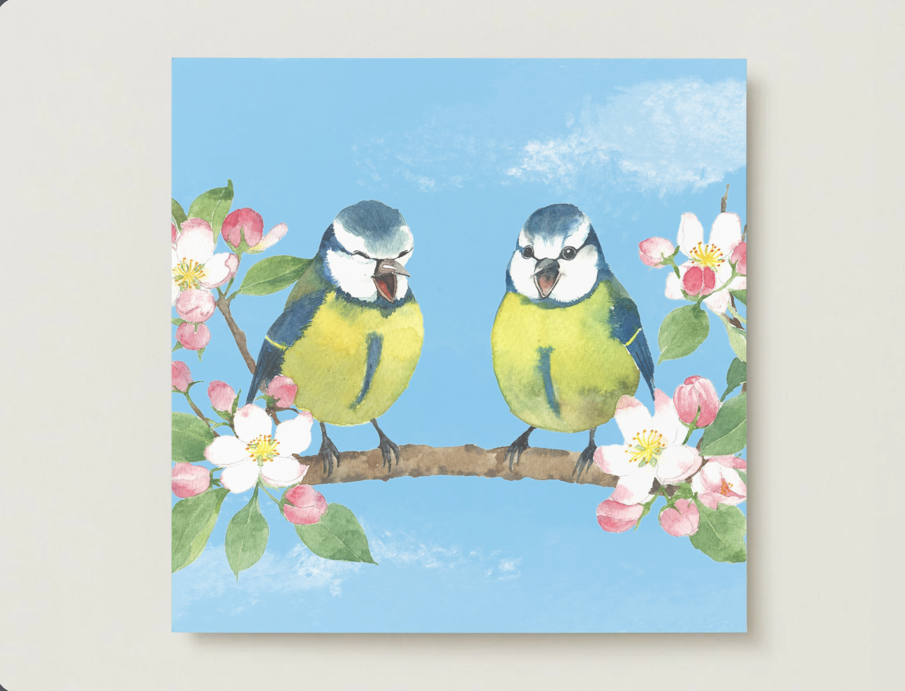 Blue Tit Birds and Apple Blossom Greeting Card, Blank Inside, All Occassion, with White Envelope