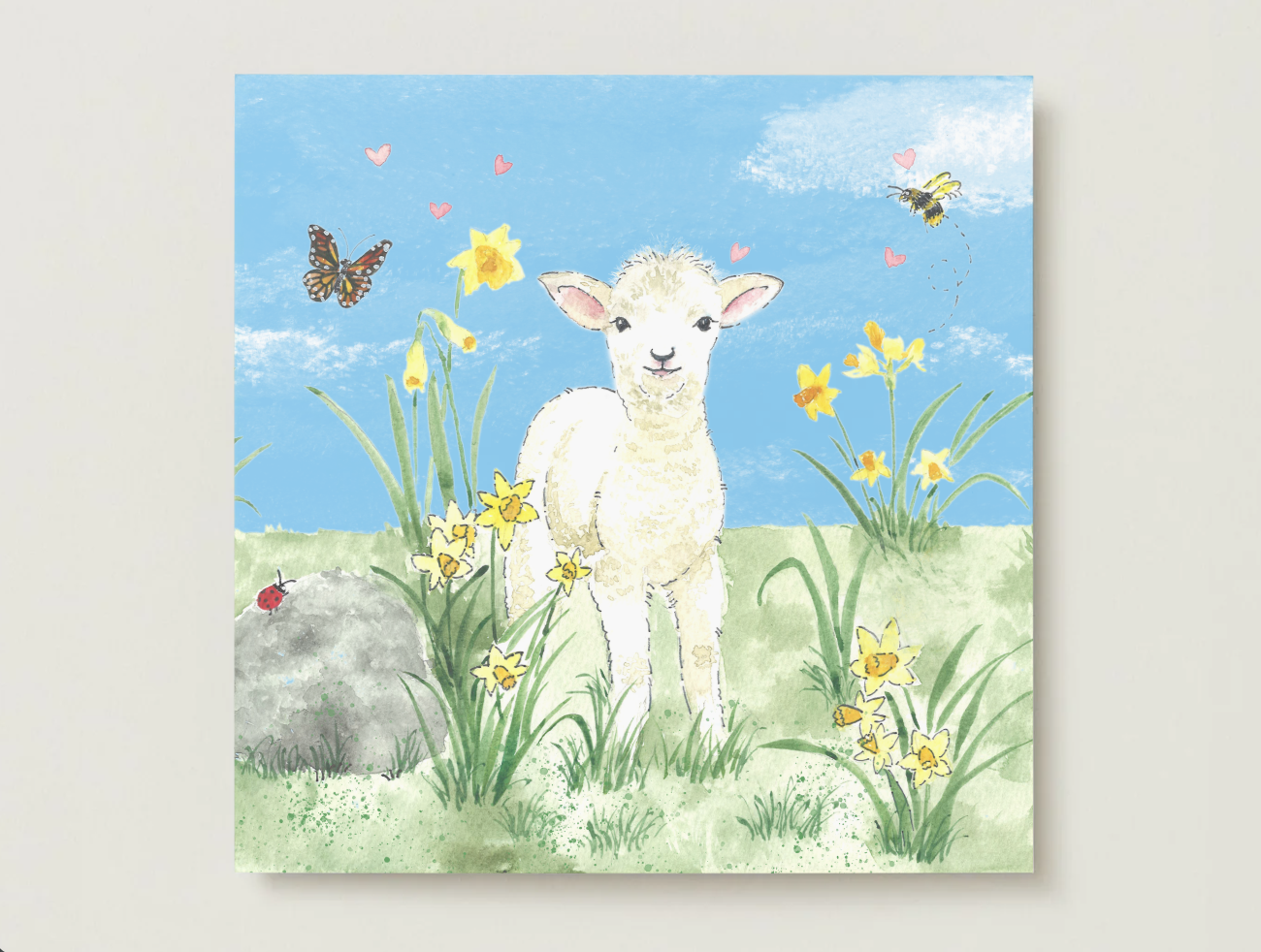 Spring Lamb and Daffodils Greeting Card, Blank Inside, All Occassion, with White Envelope