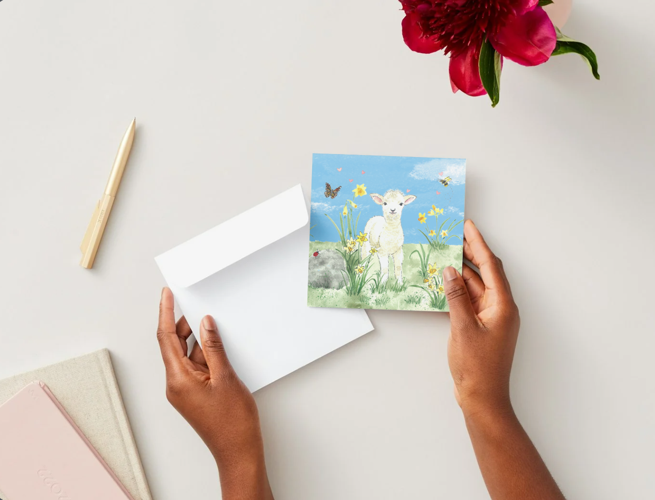 Spring Lamb and Daffodils Greeting Card, Blank Inside, All Occassion, with White Envelope