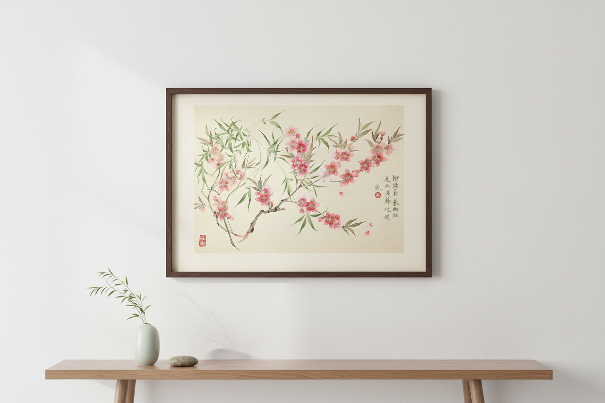 Peach blossom and willows artwork in elegant setting